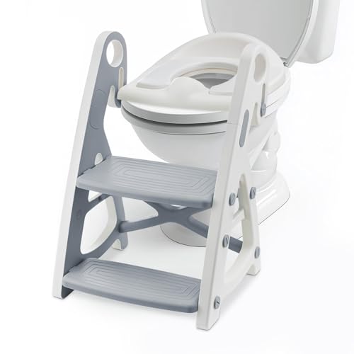 Holdfiturn Potty Training Seat Toilet Seat Kids Adjustable Potty Ladder Seat for Toilet Training with Steps Handle Soft Cushion Design 2 in 1 Potty Training Toilet Seat (Gray)