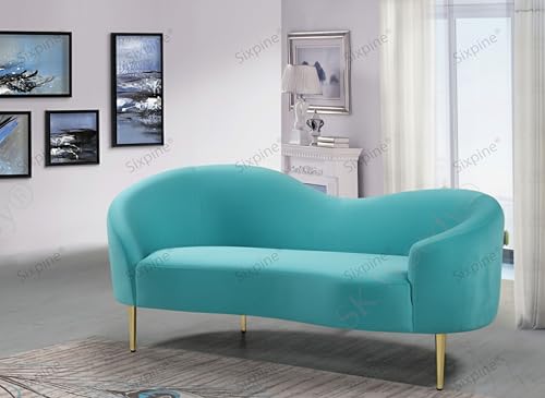 Image of Rosewood Luxury Curved Sofa in Premium Velvet-Fabric | Solid Wood Structure | High Density Foam | Sturdy Golden Legs | Comfortable & Stylish Couch for Modern Living Room (Turquoise, 2 Seater)