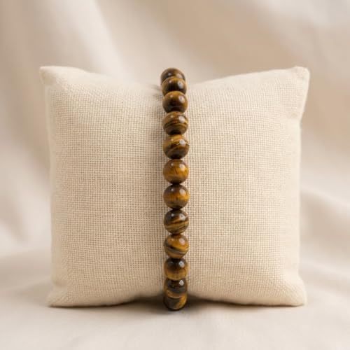 Image of VAMA Natural Tiger Eye Bracelet | Certificate of Authenticity | Confidence, Protector, Will Power | Tiger Eye Round Beads | Crystal Stone Bracelet for Men and Women