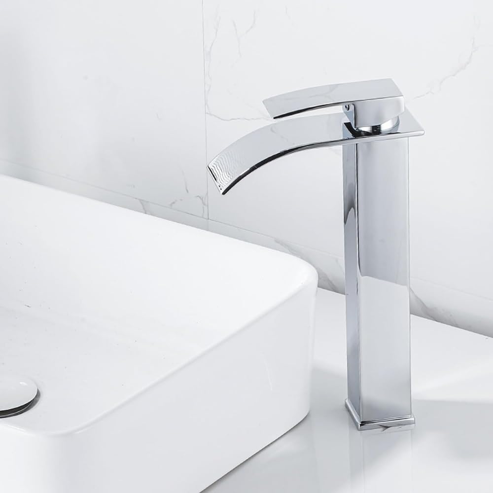 Robinet de lavabo à levier unique chaud et froid avec grand bec cascade en acier inoxydable