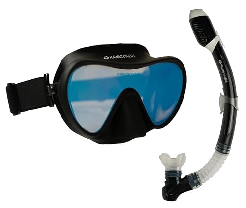 Hawaii Divers Deep Sea Adult Snorkel Combo - Tempered Glass Snorkel Mask with Silicone Skirt, Dry-Top Snorkel Gear for Adults, Single Anti Fog Lens, Woven Strap, Green/Black