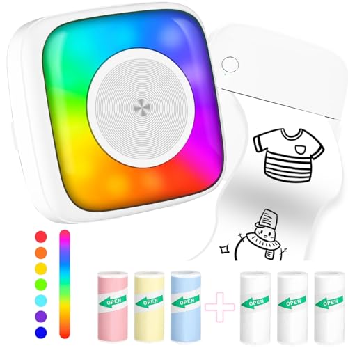 Mini Printer Sticker Printer Print Pod with 6 Rolls Sticker Paper, Seven Color Lighting Modes for DIY Scrapbook, Travel, Notes, Label, Memo, Compatible with iOS&Android
