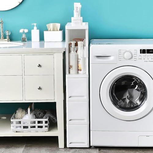 Armario de baño apilable con cajones y puertas transparentes, carrito de almacenamiento estrecho con ruedas para armario de baño, mesa auxiliar delgada (4 cajones)