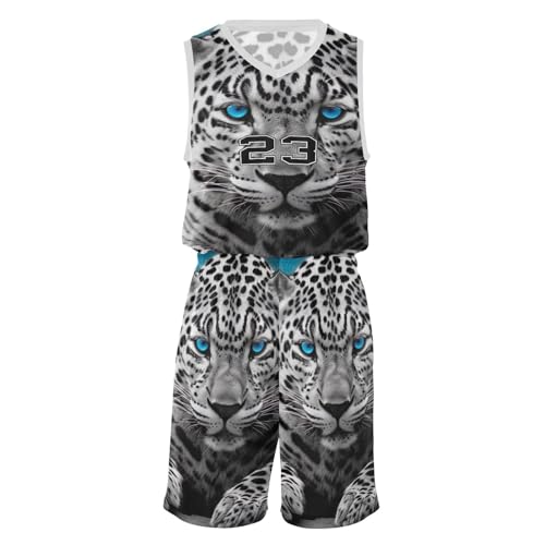 FLildon Leopard Cheetah Blue Eyes Boys Basketball Jersey Set Tank Top Shorts Tracksuit Sport Training Suit for Kids, M