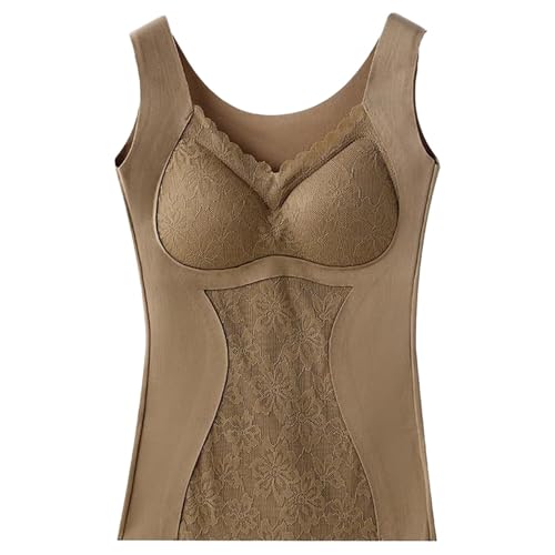 Thermal Underwear for Women, Women Fleece Lined Undershirt V Neck Lace Camisole Tops, Tummy Control Padded Bra (Khaki,XL)