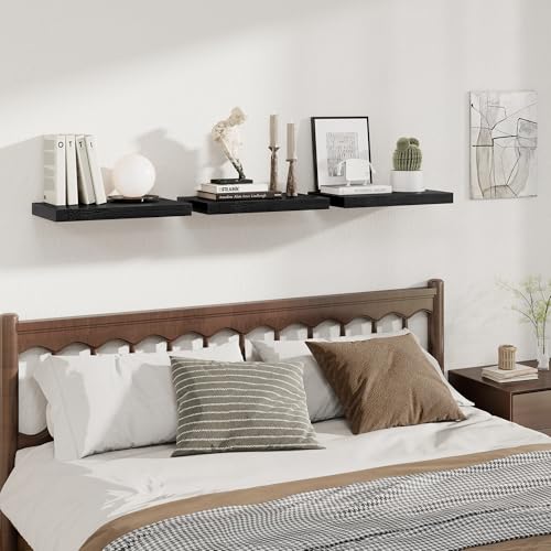 Image of Fun Memories 12 Inch Deep Floating Shelves for Wall, 20 Inch Long Wall Mounted Storage Shelf with Invisible Brackets, 2 Pack Hanging Wood Shelf for Farmhouse, Bedroom, Kitchen, Living Room, Black