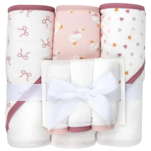 Image of Jessica Simpson Baby 6-Piece Hooded Towel & Washcloth Set - Soft Polyester Hooded Towels + Matching Washcloths (Pink Bows & Hearts)