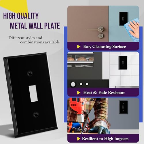 Image of ENERLITES Toggle Light Switch Metal Cover Plate, Wall Plate, Corrosion Resistant, Standard Size 1-Gang 4.50 inch x 2.76 inch, Powder Coated Stamped Steel, 7711-BG, Black Gloss | Fits standard toggle switches; Rust-proof stamped steel; Smooth gloss finish; Standard 1-gang; 7711-BG