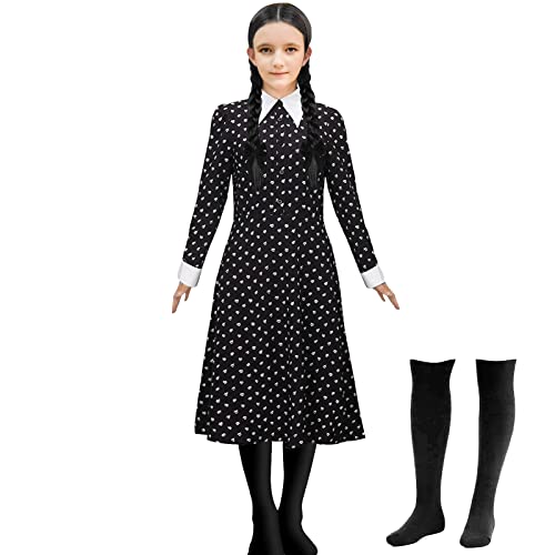 Niños Miércoles Cosplay Disfraz Vestido de Miércoles Niñas 4-16 Años para Halloween Carnaval Fiesta (160) Cover