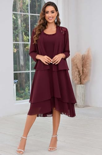Mother of The Bride Dresses for Wedding Scoop Neck A Line Tea Length Chiffon Women's Formal Dress with Jacket2