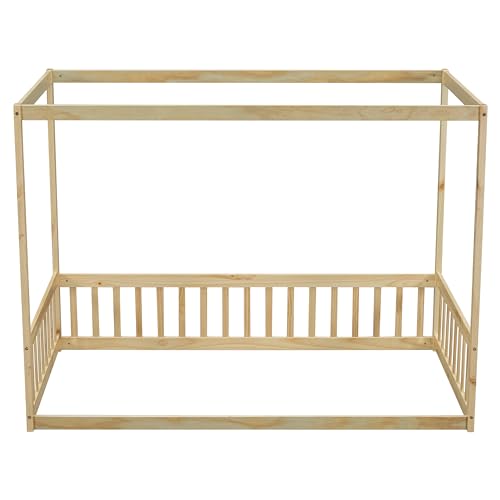Image of Twin Size 4-Poster Canopy Floor Bed with Fence Guardrails, Modern Wooden Platform Bed Frame for Kids Teens Girls Boys, No Box Spring Needed, Easy Assembly (Natural-05)