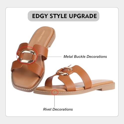 Image of Women's Flat Sandals with Metal Chain Studs-Summer 2025 Comfortable Casual Dressy Slides(Brown,8)