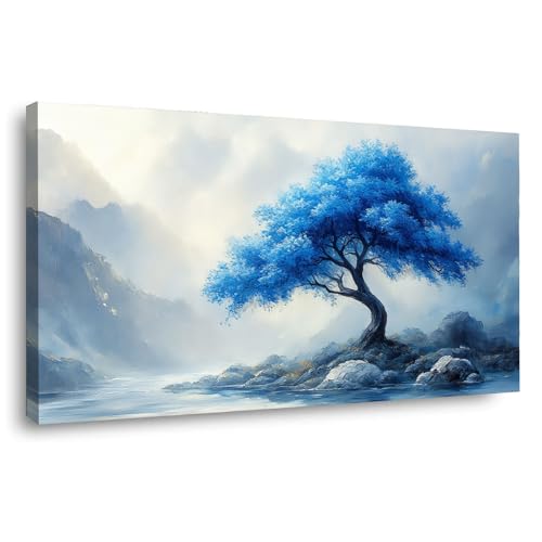 Tableau toile feuilles bleues encadré, idée cadeau d'anniversaire original
