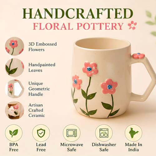 Image of Handmade Ceramic Coffee Mug with 3D Embossed Pink Flowers & Green Leaves, Handpainted Floral Tea Cup, Microwave Safe, Dishwasher Safe, BPA Free, Artisan Pottery Mug for Coffee Tea (240ml)