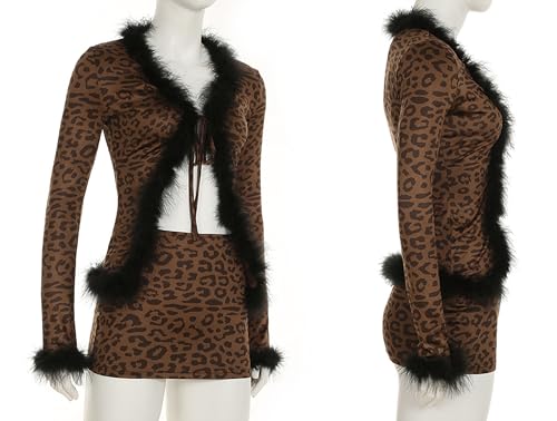 Image of Women Sexy 2 Piece Outfits Rave Tie-up Feather Trim Fur Long Sleeve Cardigan Deep V Blouse