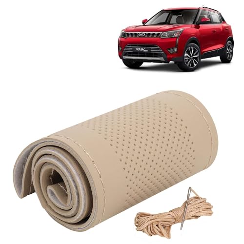Image of KINGSWAY PU Leatherite Car Steering Cover Sewable Compatible with Mahindra XUV 300 (Year 2019 Onwards), Beige Color with Beige Thread, Pack of 1 with Sewing Needle and Thread