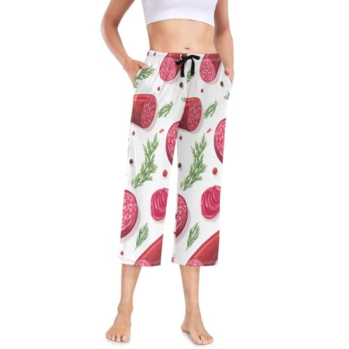 Eionryn Sausage Salami Meat Food Herb Womens Pajama Capri Pants Lounge Pajama Bottoms Soft Sleep Pj Yoga Pants S