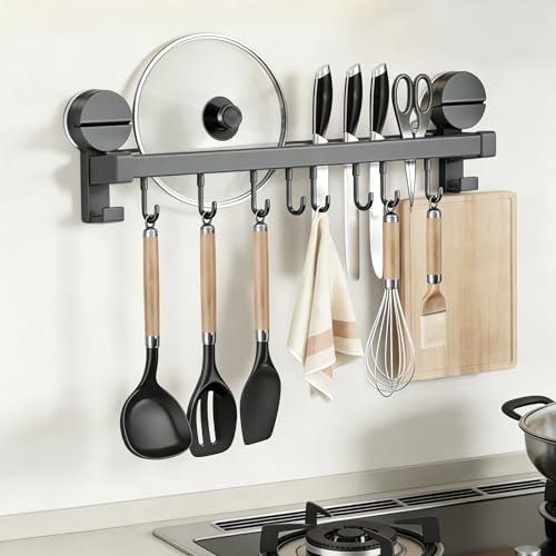 [PureKone] キッチンツールフック 吸盤 壁掛け 強力 キッチン収納 調理器具 8個可動式フック 防水防錆 アルミニウム 穴あけ不要 台所収納 (グレー, 40cm)