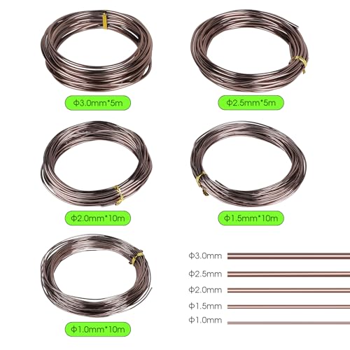SUPAWAY Basteldraht für Bonsai Aluminium Bonsai Trainingsdraht Draht zum Befestigen von Pflanzen Eloxierter Aluminium-Bonsai-Draht 5 Rollen mit 5 Größen (1/1,5/2 / 2,5/3 mm), Insgesamt 164 Füße