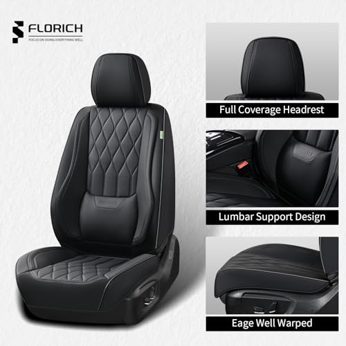 Image of FLORICH Leather Seat Covers Full Set with Lumbar Support Black Car Seat Cover Waterproof Car Seat Cushion 5 Seats Full Coverage Seat Protector Universal Fit for Most Cars Sedans Trucks SUV, Black