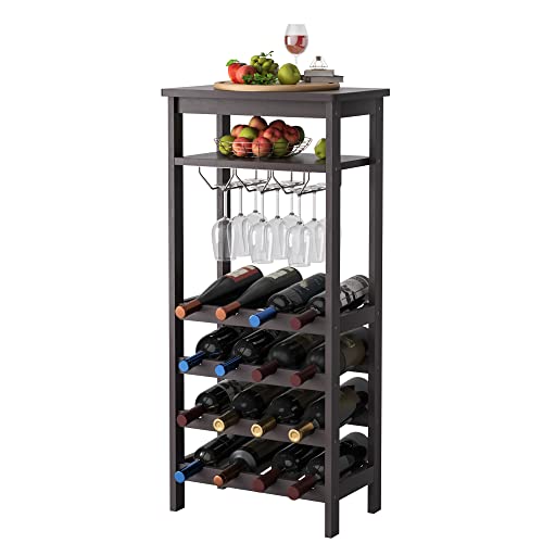 Fotosok Bamboo Floor Wine Rack, Freestanding Wine Bottle Organizer Shelves With Glass Holder Rack,16 Bottles, Wobble-Free Wine Display Storage Stand With Table Top For Kitchen Dining Room, Espresso #TOP25