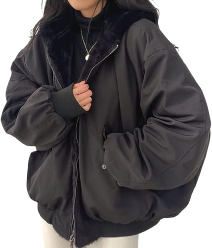 Veste d'hiver pour femmes Manteau Parka réversible avec capuche en fourrure chaude doublée polaire Veste d'hiver réversible Veste d'extérieur, a noir, L