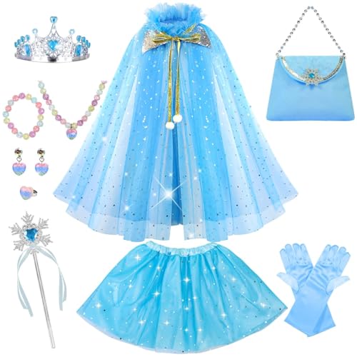 SlowTon Princess Cape Set - 12PCS Dress up Clothes for Little Girls with Princess Cloak and Tutu Skirt Handbag Tiara Crown Wand Gloves Jewelry Set for Halloween Christmas Birthday Party aged 3-8