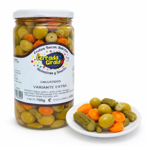 Encurtidos Variados 700g | Aceitunas Verdes, Zanahorias, Pepinillos, Cebollitas y Coliflor | Aperitivo Tradicional Español | Mix de Encurtidos para Tapas y Picoteo