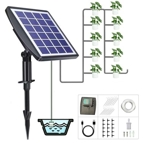 Solar Bewässerungssystem Garten Zimmerpflanzen von Solarbetriebenes,Automatische Bewässerung Gartenbewässerung Balkon Tröpfchenbewässerung mit Wassersensor und Timer Selbstbewässerungsgeräte (10)