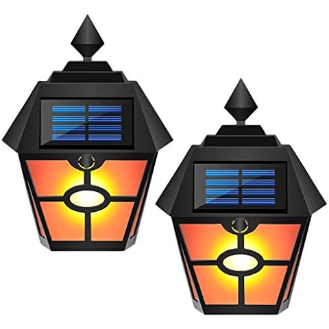 2Pack Flickering Solar Wall Lights,EHOFUN Waterproof 28LED Retro Hex Flame Lamp Solar Deck Garage Door Night Lights Solar Torches Light for Courtyard Garden Outdoor Landscape Lighting Cover