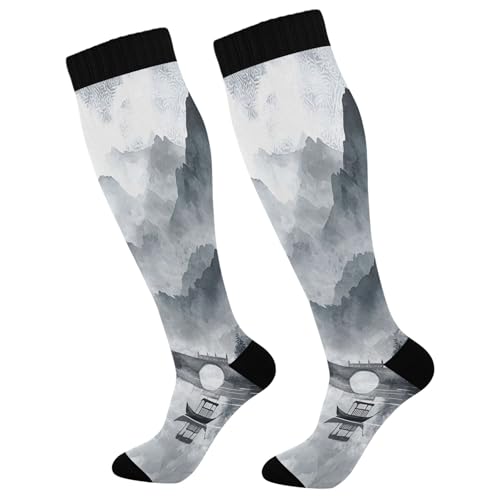 Burbuja Chinese Ink Painting Landscape Compression Socks for Women Men (20-30mmHg), Knee High Socks Circulation Support for Sport Running Hiking Nurse, 1 Pair