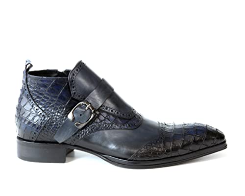 Jo Ghost 3996 Italian Blue Leather W/Croc Print Ankle Boots With Zip & Buckle