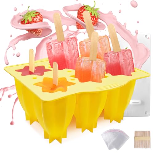 Moule Glace, moule à glaces, 6 moules à glaces réutilisables en silicone pour crème glacée, sans BPA, récipients de fabrication de glaces pour enfants et adultes (étoile jaune)