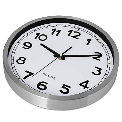 Image of Bernhard Products Wall Clock Silent Non-Ticking Large 12 inch Metal Quartz Battery Operated Easy to Read Office Classroom Kitchen Living Room Bathroom Sweeping Clocks, Silver Frame Black Modern Numbers