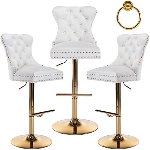 DM Furniture Swivel High Bar Stools Set of 3 Velvet Tufted Back Barstools Adjustable Upholstered Modern Bar Stool Chairs with Gold Base for Dining Room Home Bar Kitchen Island (Cream White, 3 Pack)