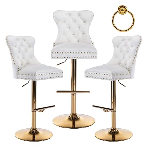 DM Furniture Swivel High Bar Stools Set of 3 Velvet Tufted Back Barstools Adjustable Upholstered Modern Bar Stool Chairs with Gold Base for Dining Room Home Bar Kitchen Island (Cream White, 3 Pack)