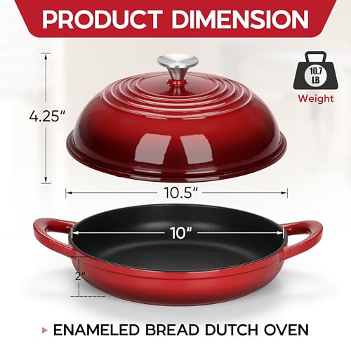 E-far Dutch Oven for Sourdough Bread Baking, 6 Qt Round Enameled Cast Iron Dutch Oven for Homemade Artisan Bread, Dome Lid & Shallow Base, Matte Black Interior & Durable, Oven-Safe to 500?, Red