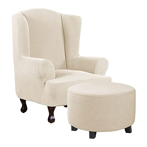 1 Piece Wing Chair Covers Bundles Round Ottoman Slipcover(Medium, Natural)