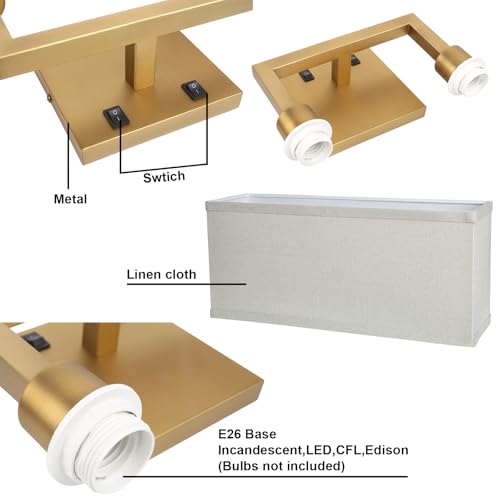 Image of Yosoan Linen Fabric Boho Wall Sconce Bedside Light with On Off Switch, 2-Light Brass Finished Hardwired Vintage Industrial Dual Wall Mount Lamp Square Shade for Bedroom Living Room Stairwell(Antique)