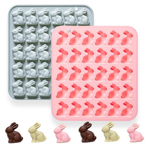 2 Pack Bunny Silicone Molds 30-Cavity Mini Rabbit Chocolate Molds Shape Tray for Cake Pudding Gummy Jello Ice Cube Biscuits and Cake Decorating DIY Crafts