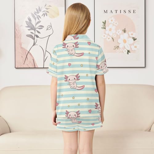 Satin Pajama Sets Short Sleeve Cute Axolotl Stripes Hearts Button Down Silky Nightwear 2 Piece PJS 5-14Y4