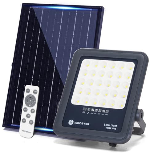 Aigostar Foco proyector LED solar con control remoto,focos solare de 100W, 1000LM,luz blanca fría de 6500K,IP65 impermeable Luz solar exterior,para jardín,terrazas,caminos,garajes,cable de 2M