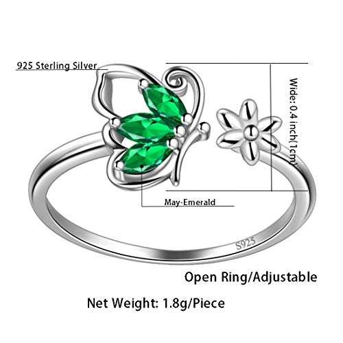 Hipunk Butterfly Green Rings Bands Statement Birthstone Women 925 Sterling Silver May-Emerald Birth Stone Animal Butterflies Adjust Ring Crystal Birthday Jewelry Sr0002G #TOP5