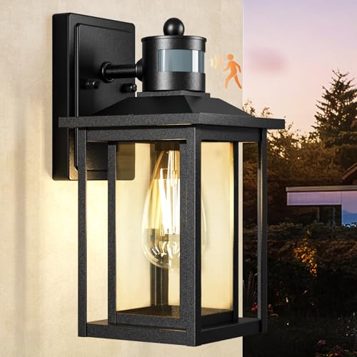 LTBLIGHT Motion Sensor Outdoor Wall Light, 4-Modes Black Dusk to Dawn Lighting Fixture, Waterproof Exterior Wall Mount Porch Lights for House, Entry,