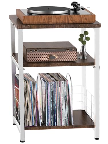 Tuohours Record Player Stand, 3 Tier Side End Table with Vinyl Record Storage Basket, Turntable up to 100 Albums Record Shelf Display Holder Cabinet for Living Room, Bedroom, Office, White