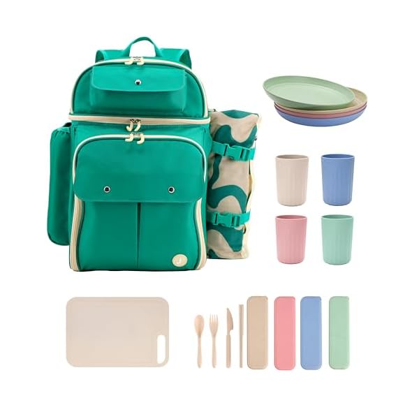 J World Picnic Backpack Cooler for 4. Insulated Picnic Basket Set with Folding Waterproof Blanket. Beach Camping Wedding Engagement Gift for Couples, Green