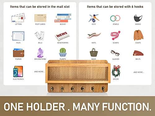 Rebee Vision Farmhouse Key And Mail Holder For Wall With Mesh Mail Basket : Decorative Mail Organizer Wall Mount With 6 Retro Key Hooks - Rustic Home Decor For Entryway, Mudroom, Hallway (Light Brown) #TOP4