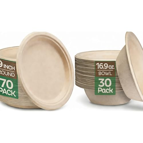 9 Inch Compostable Paper Plates & 500ml Bowls Set (70 Plates + 30 Bowls) - Biodegradable Disposable Plates Bowls for Lunch Dinner Party Picnic