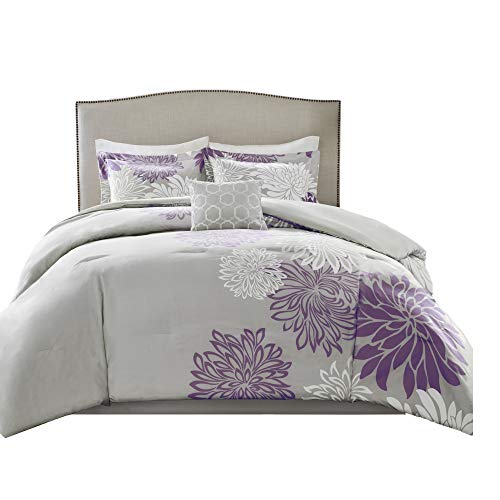 Comfort Spaces Enya 5 Piece Comforter Set Ultra Soft Hypoallergenic Microfiber Floral Print Bedding, Full/Queen, Purple/Grey