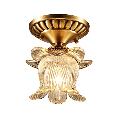 Plafonnier E27 en cuivre et verre fleuri luminaire chic d'entrée